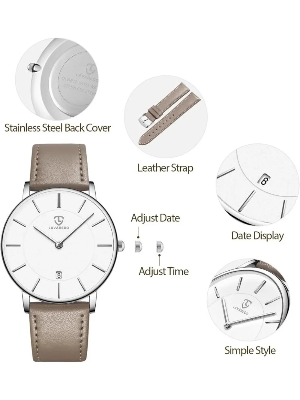 Mens White Dial Beige Leather Strap Analog Minimalist Fashion Simple Wrist Watch